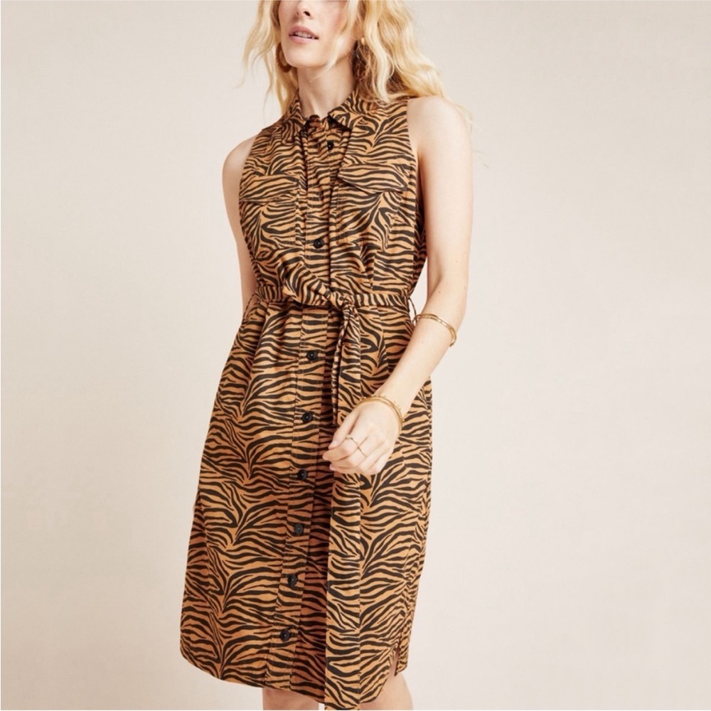 Anthropology Maeve Tigresa Shirt Dress Womens Size 4  Button Front Animal Print